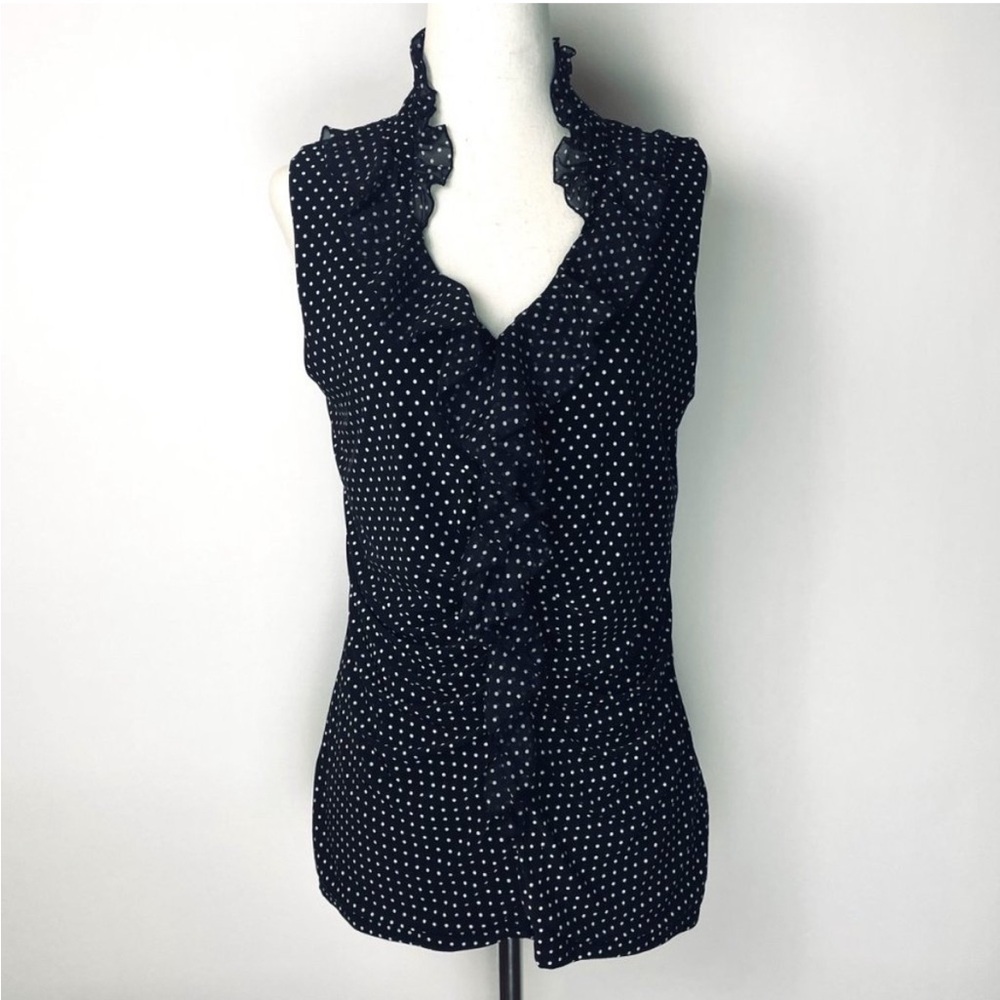 WHBM Polka Dot Ruffle Sleeveless Top Ruched Fitted Blouse